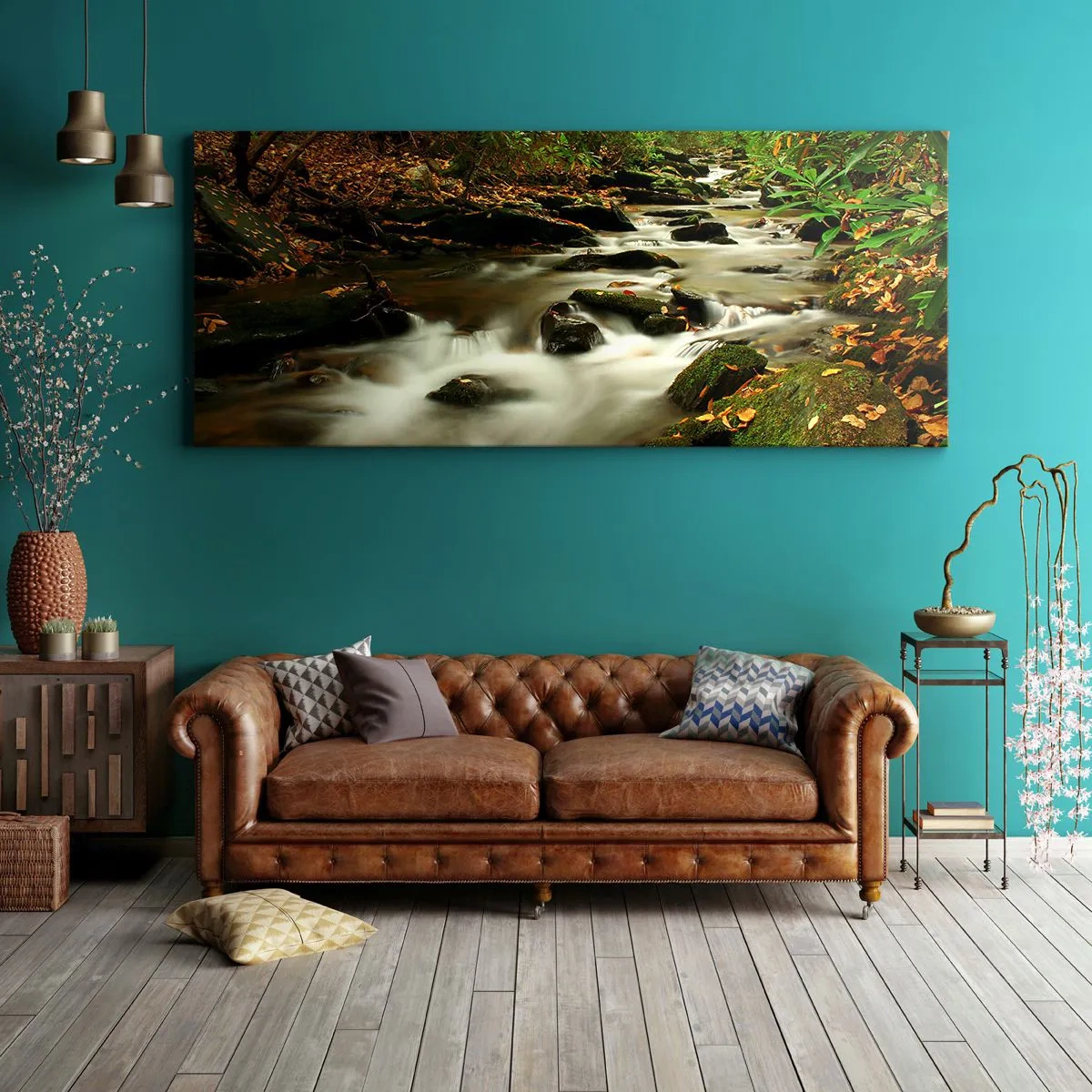 Obraz na płótnie - Leśny strumień płynący pomiędzy kamieniami otoczony zielenią - 160x50cm - Jak płynne srebro - Nowoczesna dekoracja ścienna do salonu i sypialni ARTTOR