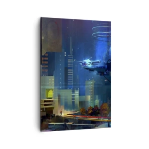 Obraz na płótnie - Futurystyczne miasto nocą z neonami i latającym pojazdem - 70x100cm - W niedalekiej przyszłości - Nowoczesna dekoracja ścienna do salonu i sypialni ARTTOR
