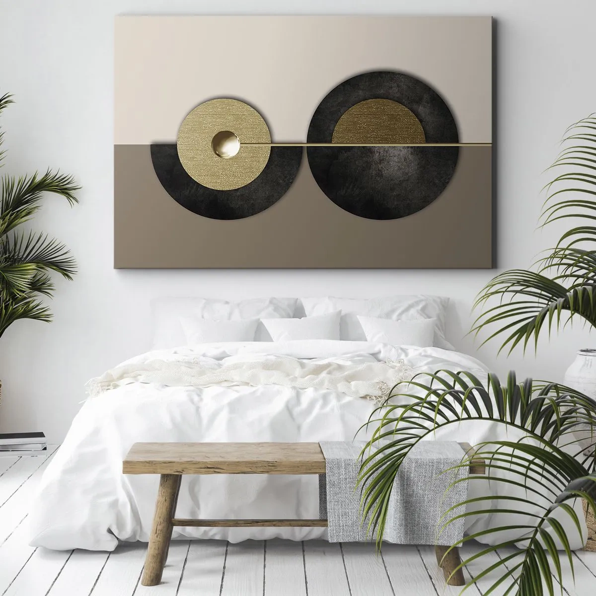 Obraz na płótnie - Abstrakcyjne koła w odcieniach złota i brązu - 70x50cm - Wariacje wokół koła - Nowoczesna dekoracja ścienna do salonu i sypialni ARTTOR