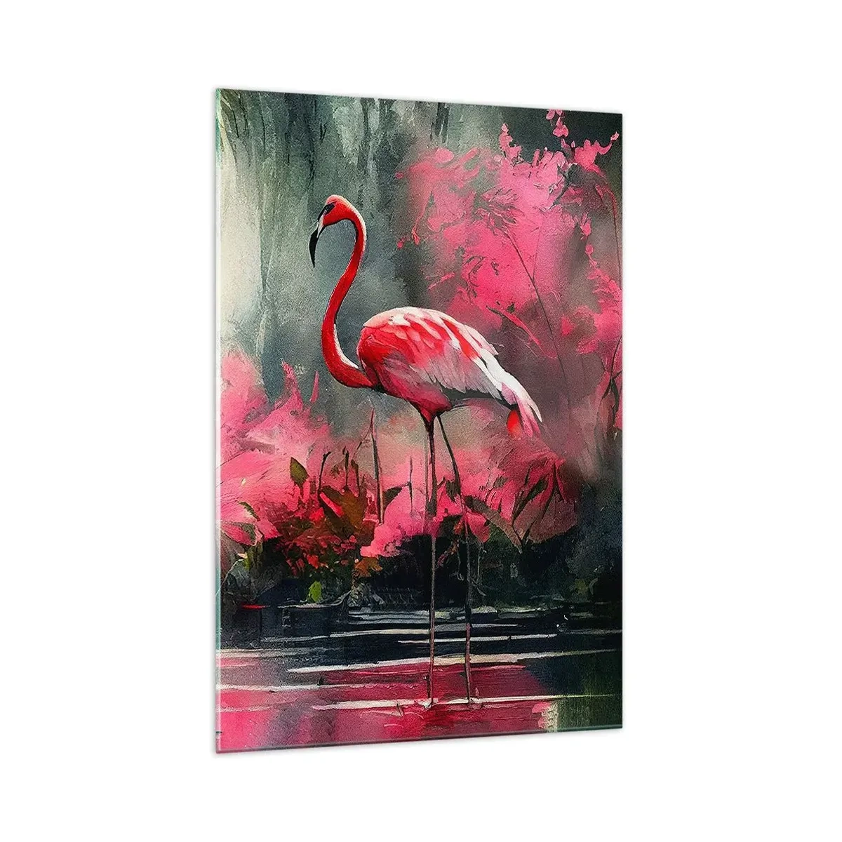 Obraz na szkle - Flamingi nad wodą w otoczeniu roślinności - 70x100cm - Lekcja naturalnego wdzięku - Nowoczesna dekoracja ścienna do salonu i sypialni ARTTOR