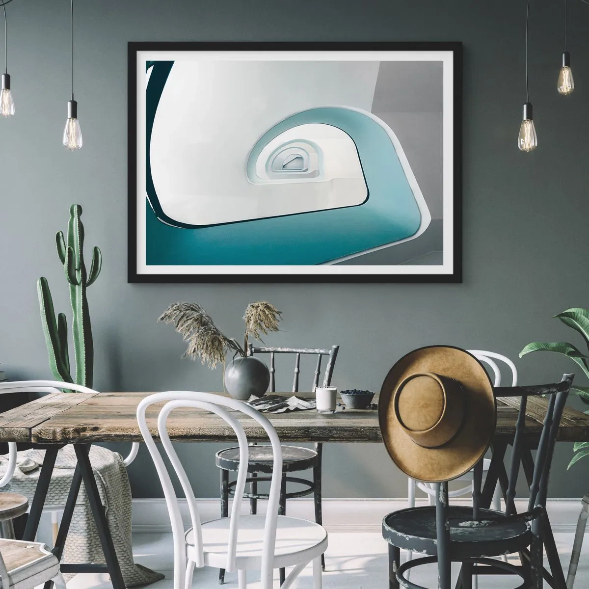 Plakat w czarnej ramie - Minimalistyczna architektura z zaokrąglonymi liniami - 70x50cm - Do dna błękitu - Nowoczesna dekoracja ścienna do salonu i sypialni ARTTOR