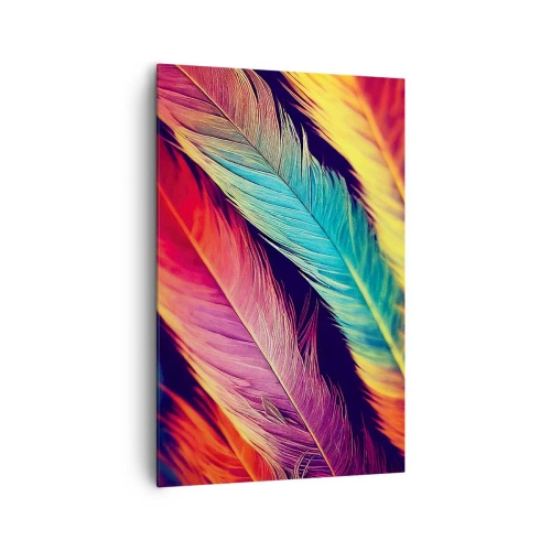Obraz na płótnie - Kolorowe pióra w intensywnych barwach - 80x120cm - Pierzasta tęcza - Nowoczesna dekoracja ścienna do salonu i sypialni ARTTOR