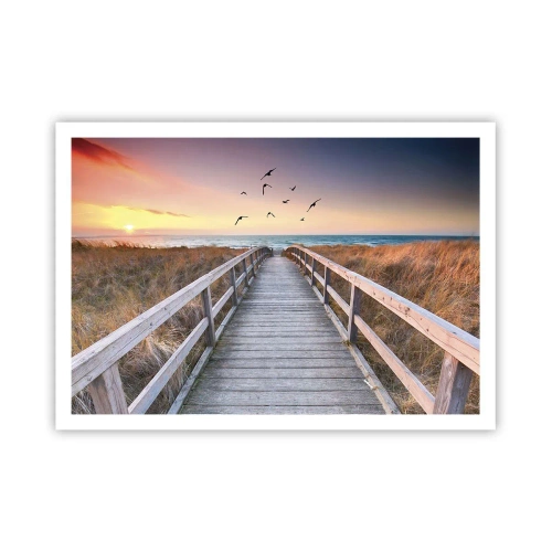 Plakat - Drewniany pomost prowadzący na plażę o zachodzie słońca - 100x70cm - Przestrzeń wzlotów - Nowoczesna dekoracja ścienna do salonu i sypialni ARTTOR