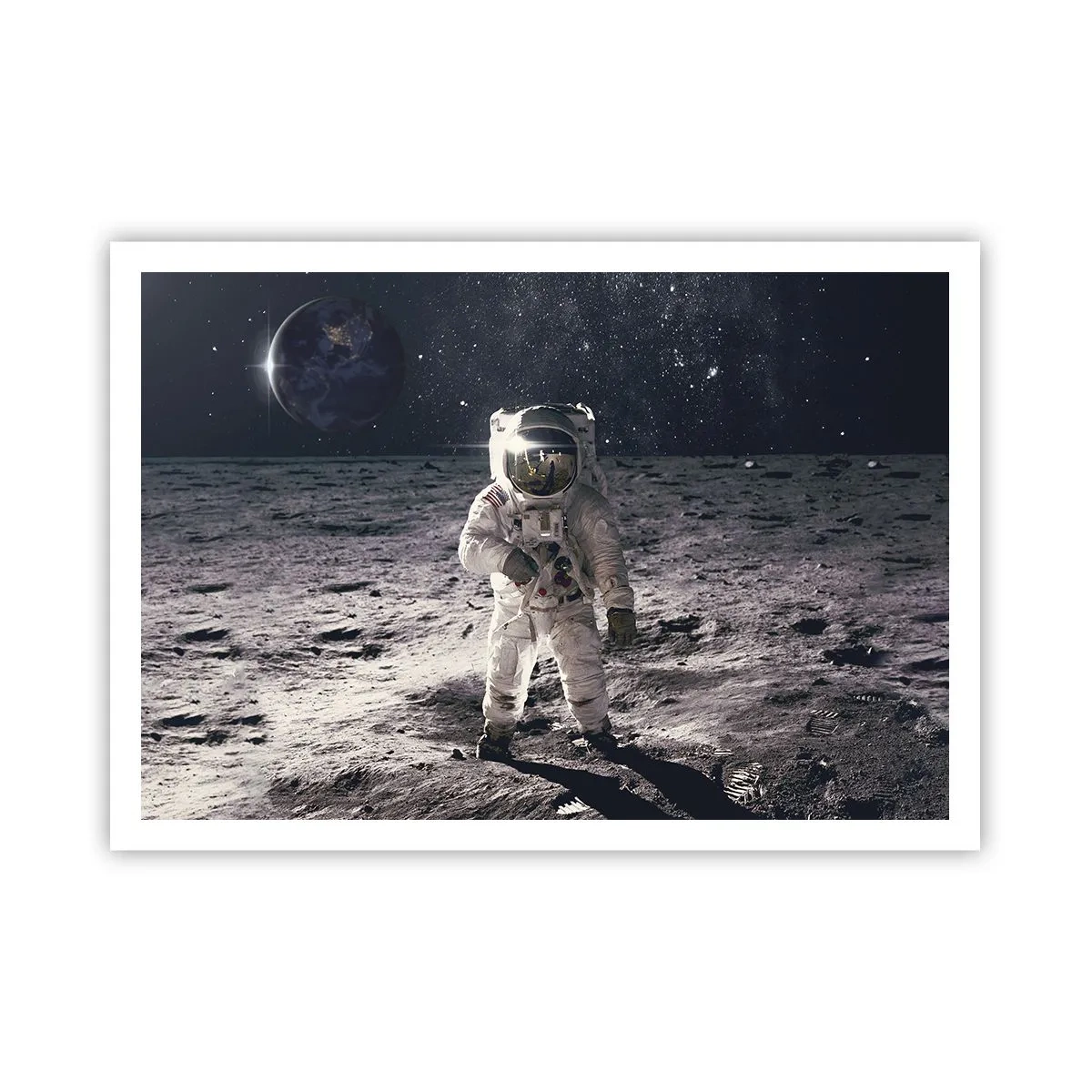Plakat - Astronauta na powierzchni Księżyca z Ziemią w tle - 100x70cm - Pozdrowienia z Księżyca - Nowoczesna dekoracja ścienna do salonu i sypialni ARTTOR