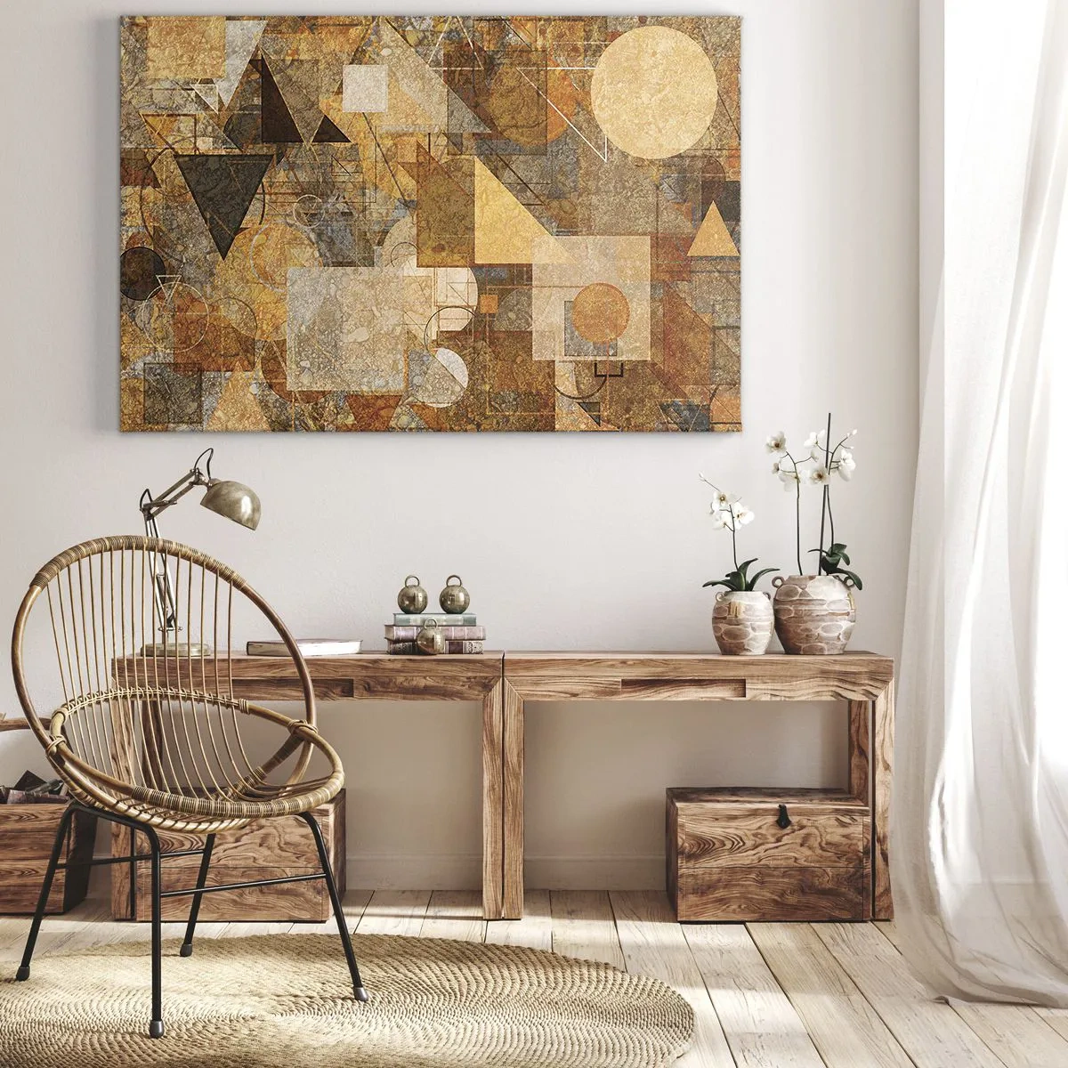 Obraz na płótnie - Abstrakcyjne geometryczne figury w ciepłych odcieniach - 70x50cm - Kubistyczne studium brązu - Nowoczesna dekoracja ścienna do salonu i sypialni ARTTOR