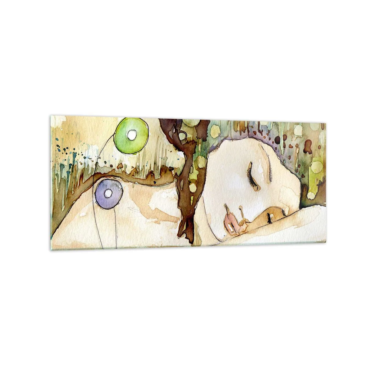 Obraz na szkle - Kobieta śniąca w otoczeniu abstrakcyjnych kształtów i barw - 120x50cm - Szmaragdowo-fiołkowy sen - Nowoczesna dekoracja ścienna do salonu i sypialni ARTTOR