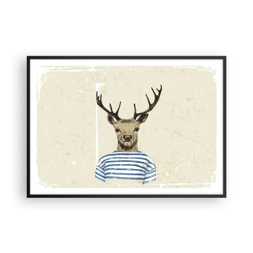 Plakat w czarnej ramie - Jeleń w koszulce w paski na jasnym tle z delikatną teksturą - 100x70cm - Bo lubię koszulki w paski! - Nowoczesna dekoracja ścienna do salonu i sypialni ARTTOR