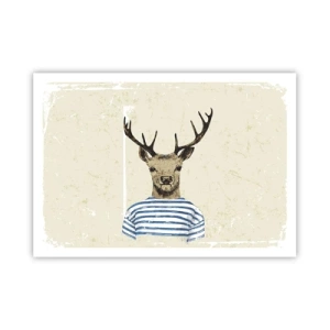 Plakat - Jeleń w koszulce w paski na jasnym tle z delikatną teksturą - 100x70cm - Bo lubię koszulki w paski! - Nowoczesna dekoracja ścienna do salonu i sypialni ARTTOR
