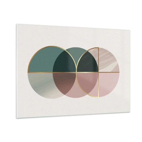 Obraz na szkle - Geometryczne figury z odcieniami zieleni i różu na jasnym tle - 100x70cm - Koło za kołem… - Nowoczesna dekoracja ścienna do salonu, kuchni i sypialni ARTTOR
