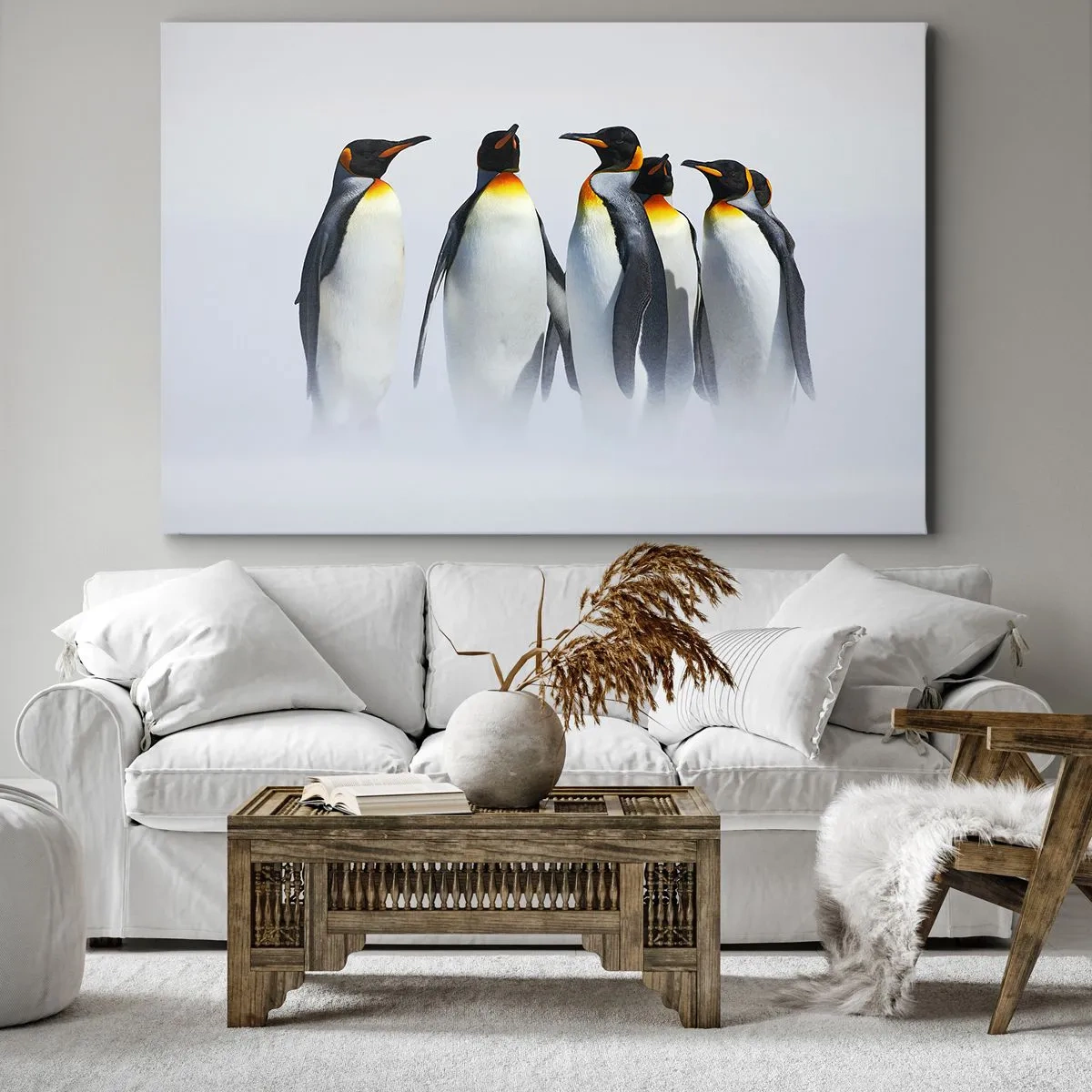 Obraz na płótnie - Grupa pingwinów cesarskich w zimowej mgle - 100x70cm - Spotkanie w wieczorowych strojach - Nowoczesna dekoracja ścienna do salonu, kuchni i sypialni ARTTOR