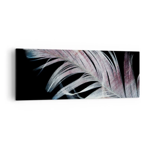 Obraz na płótnie - Delikatne pióro na czarnym tle w artystycznym ujęciu - 140x50cm - Pomyśl o dotyku - Nowoczesna dekoracja ścienna do salonu i sypialni ARTTOR