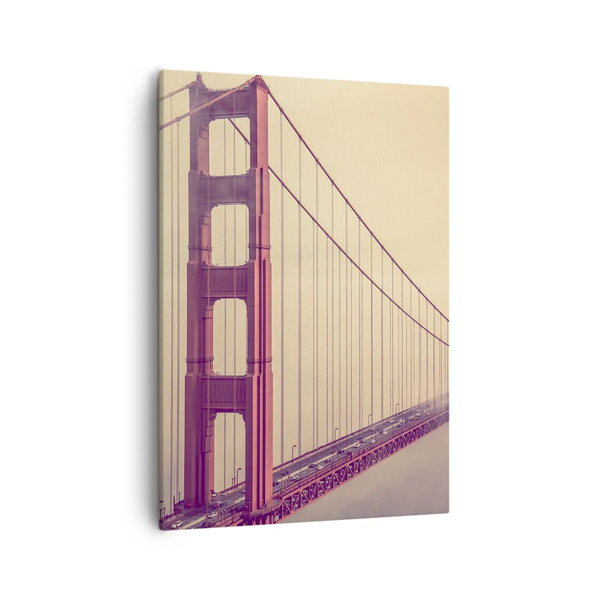 Obraz na płótnie - Golden Gate Bridge w delikatnej mgiełce o ciepłym odcieniu vintage - 50x70cm - Między niebem a ziemią - Nowoczesna dekoracja ścienna do salonu, kuchni i sypialni ARTTOR
