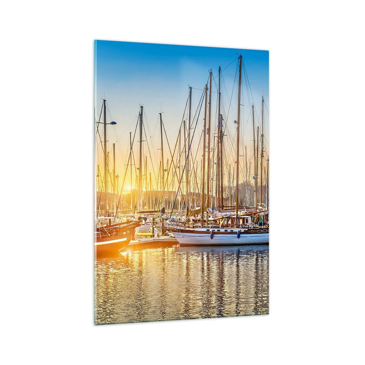 Obraz na szkle - Zachód słońca nad mariną pełną żaglówek - 70x100cm - Wiatr też musi spać - Nowoczesna dekoracja ścienna do salonu i sypialni ARTTOR