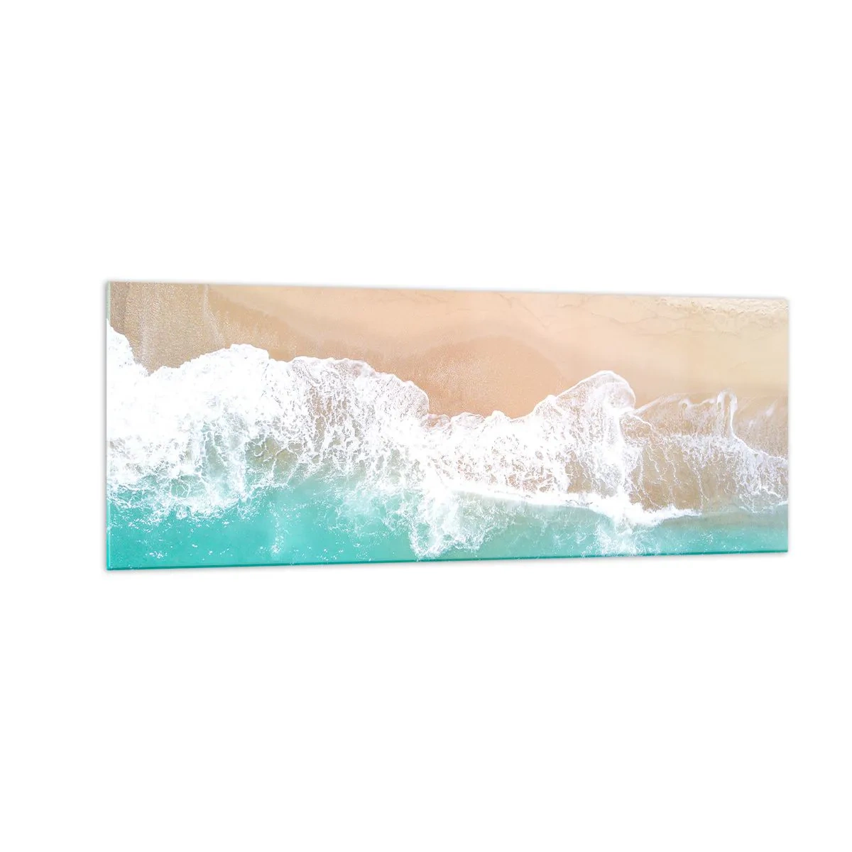 Obraz na szkle - Plaża z turkusową wodą i delikatnymi falami z lotu ptaka - 140x50cm - Pieszczotliwy dotyk - Nowoczesna dekoracja ścienna do salonu i sypialni ARTTOR