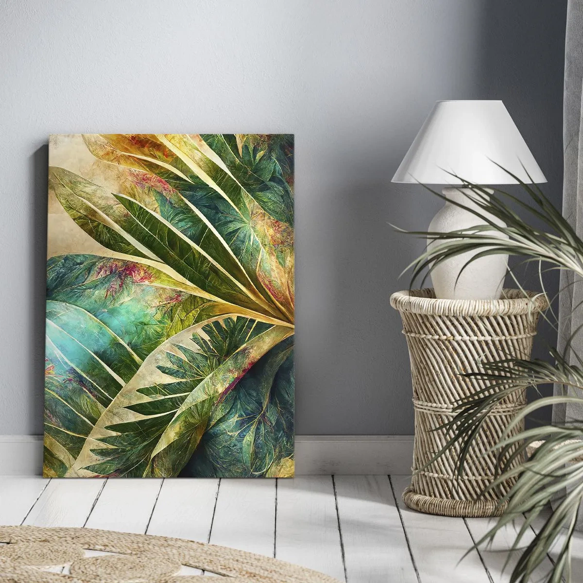 Obraz na płótnie - Kolorowe liście tropikalne na jasnym tle - 80x120cm - Barwy tropików - Nowoczesna dekoracja ścienna do salonu i sypialni ARTTOR