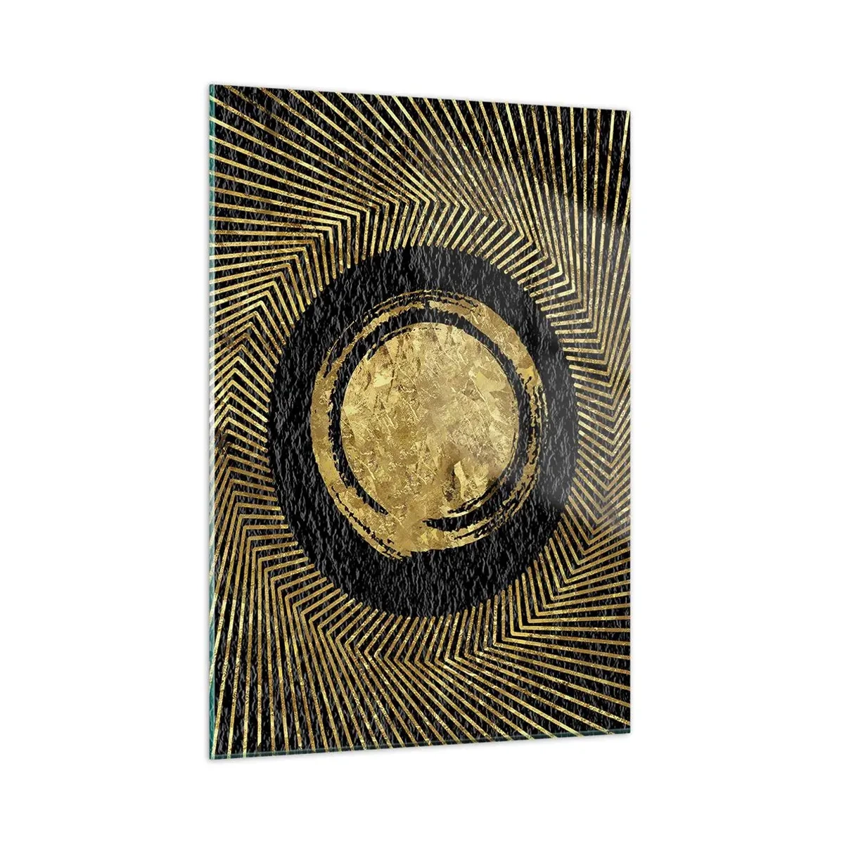 Obraz na szkle - Złoty krąg z promieniami na czarnym tle w stylu glamour - 50x70cm - Kompozycja glamour - Nowoczesna dekoracja ścienna do salonu, kuchni i sypialni ARTTOR