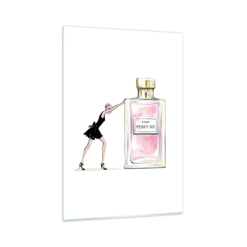 Obraz na szkle - Kobieta w czarnej sukience przy flakonie perfum - 80x120cm - Esencja kobiecości - Nowoczesna dekoracja ścienna do salonu i sypialni ARTTOR