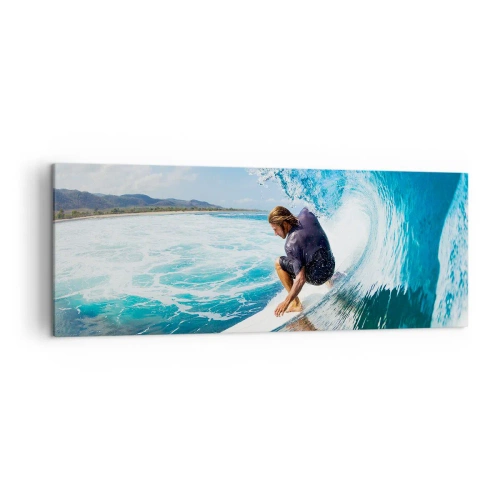 Obraz na płótnie - Surfer w dynamicznej pozie na fali w turkusowej wodzie - 140x50cm - Tańczący z falami - Nowoczesna dekoracja ścienna do salonu i sypialni ARTTOR