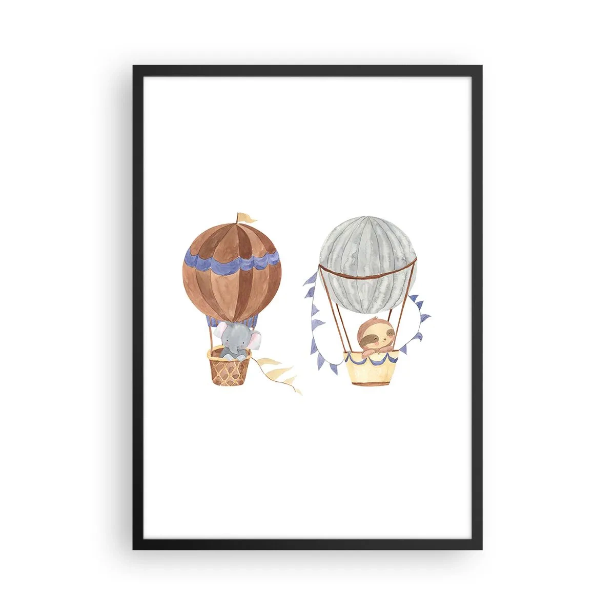 Plakat w czarnej ramie - Urocze zwierzątka w balonach na białym tle w stylu akwareli - 50x70cm - Przyjaciele w podróży - Nowoczesna dekoracja ścienna do salonu i sypialni ARTTOR
