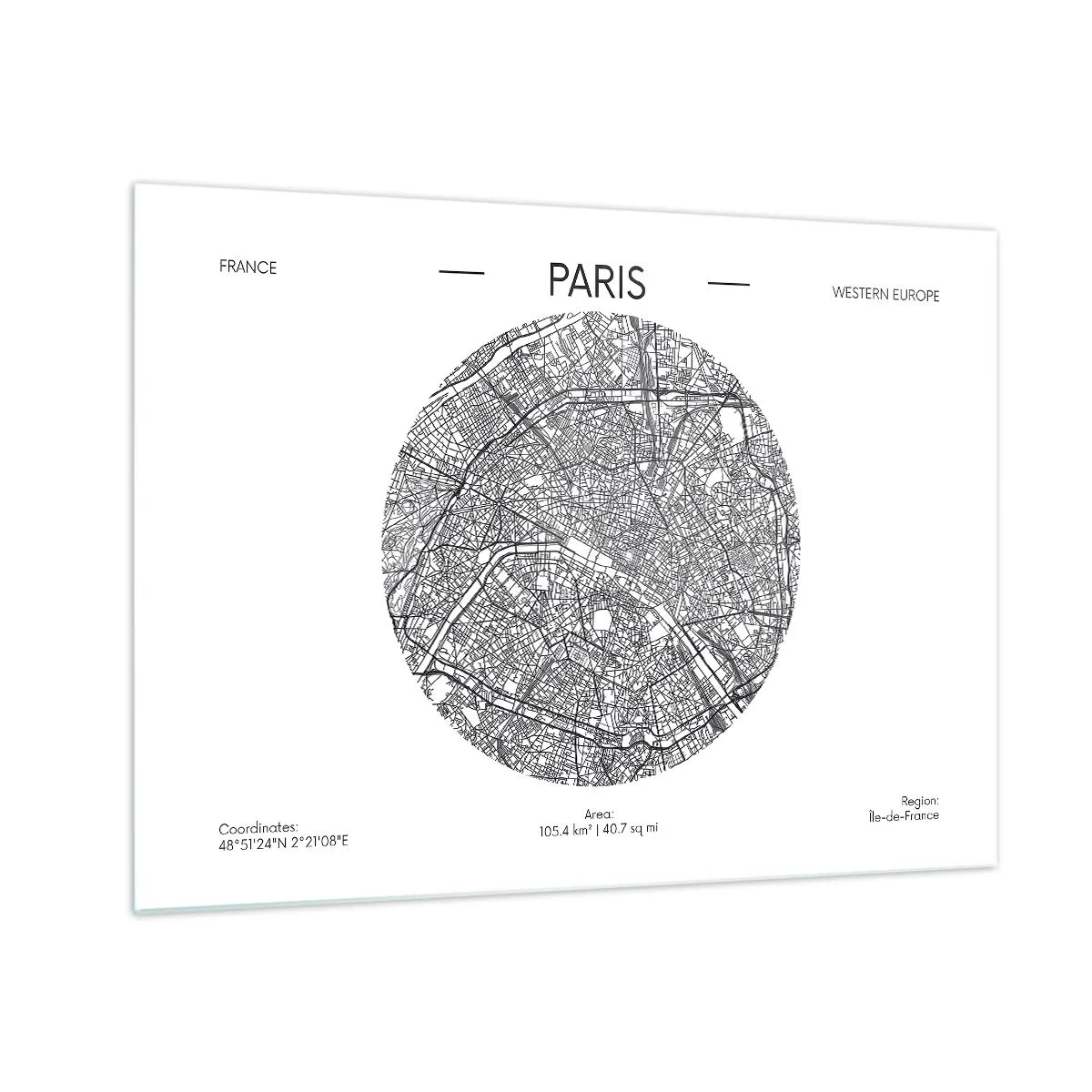 Obraz na szkle - Mapa Paryża w okrągłej formie czarno-białej ilustracji - 70x50cm - Anatomia Paryża - Nowoczesna dekoracja ścienna do salonu i sypialni ARTTOR