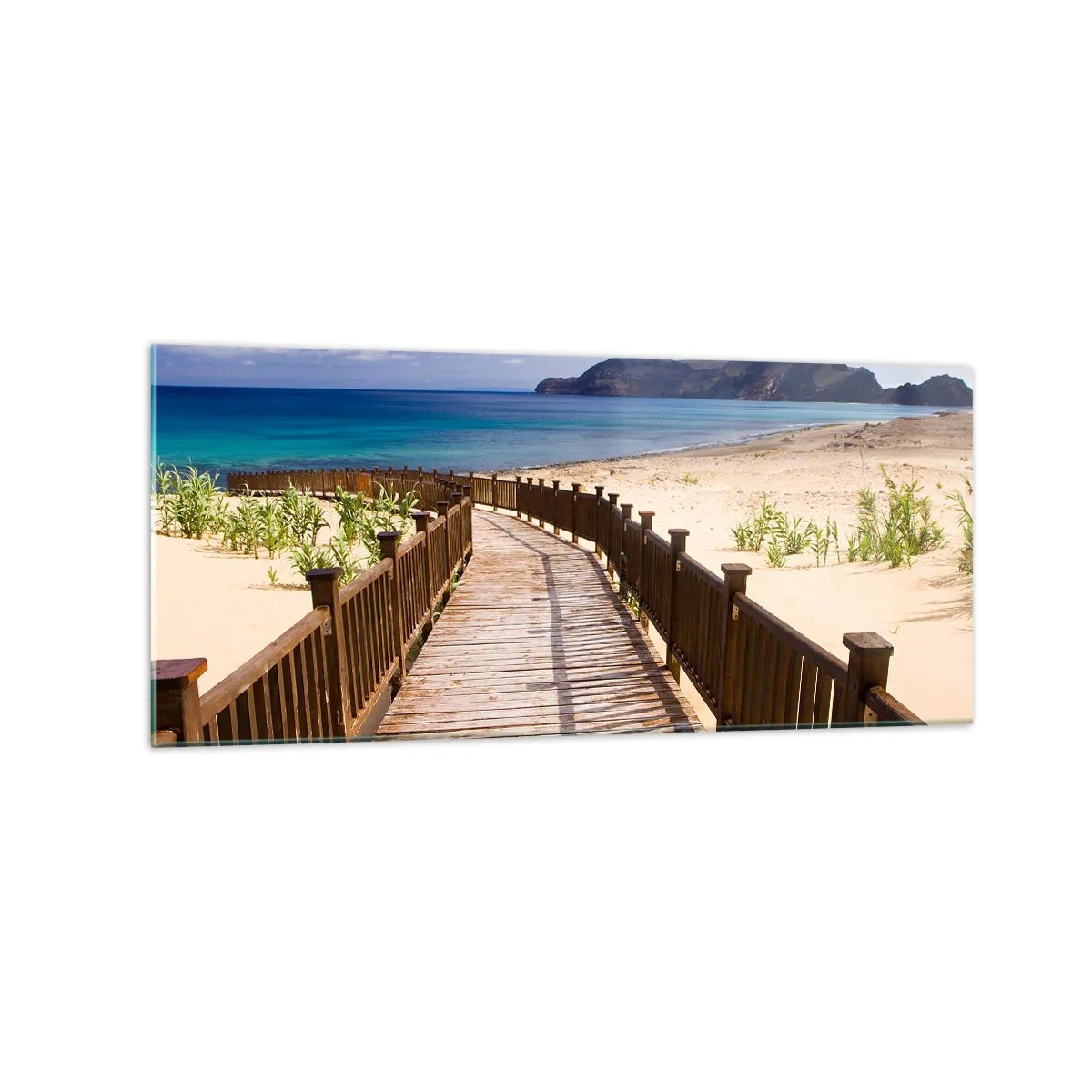Obraz na szkle - Drewniana ścieżka prowadząca na plażę z widokiem na ocean - 120x50cm - Zabierz mnie na wyspy szczęśliwe - Nowoczesna dekoracja ścienna do salonu i sypialni ARTTOR