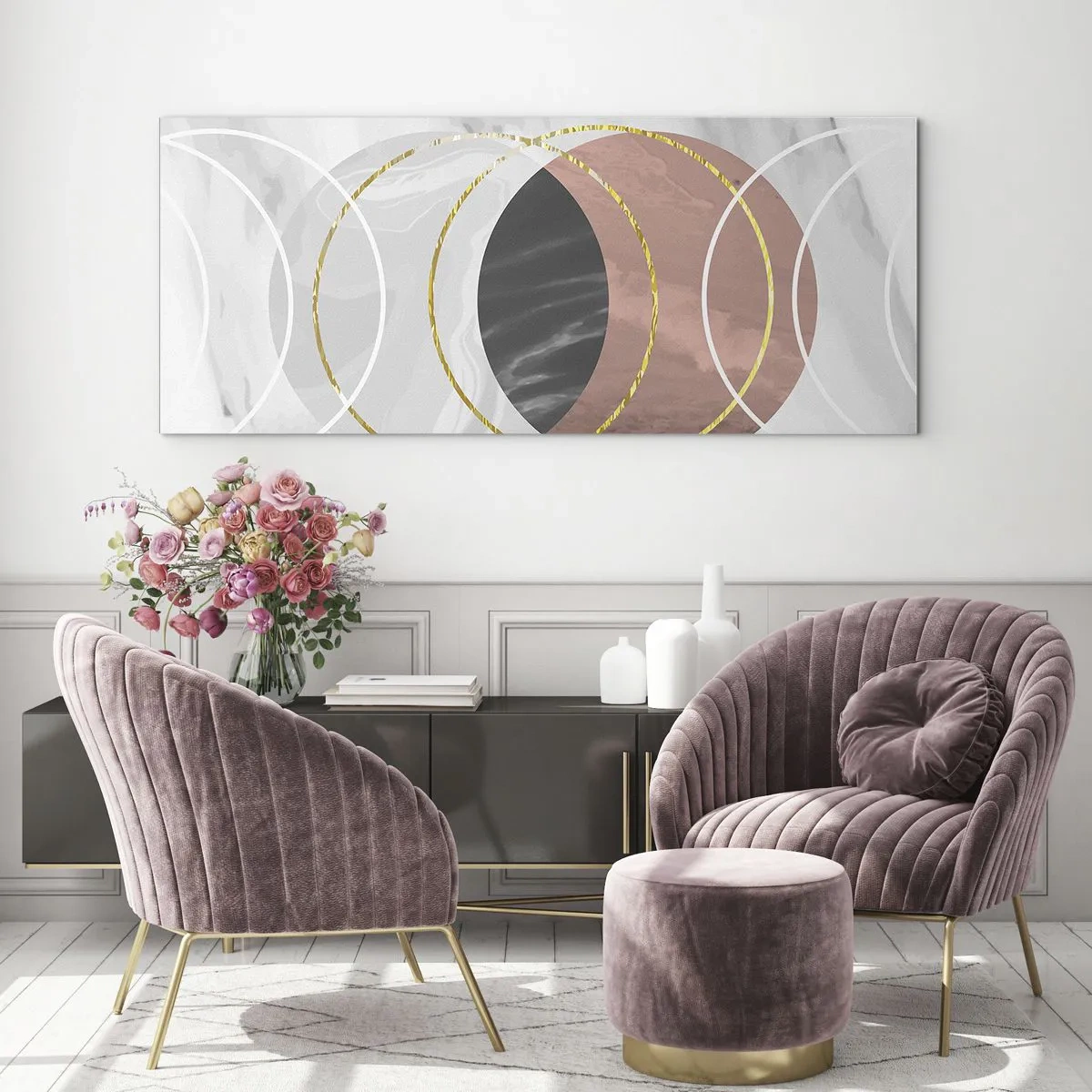 Obraz na szkle - Abstrakcyjna kompozycja geometryczna z kołami i metalicznymi detalami - 160x50cm - Muzyka sfer - Nowoczesna dekoracja ścienna do salonu i sypialni ARTTOR