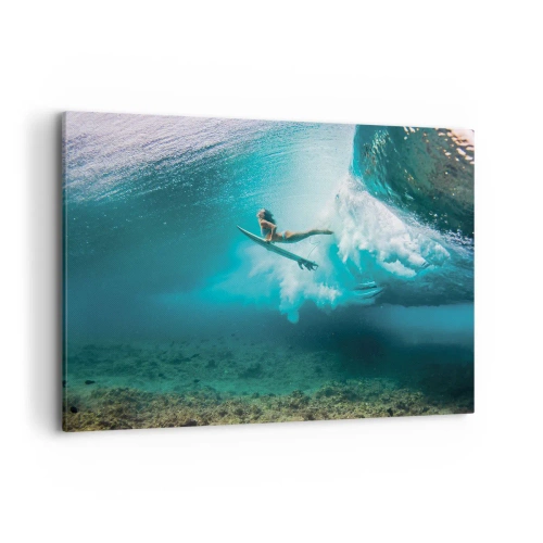Obraz na płótnie - Surferka pod falą w błękitnej wodzie oceanu - 120x80cm - Podwodny świat - Nowoczesna dekoracja ścienna do salonu, kuchni i sypialni ARTTOR