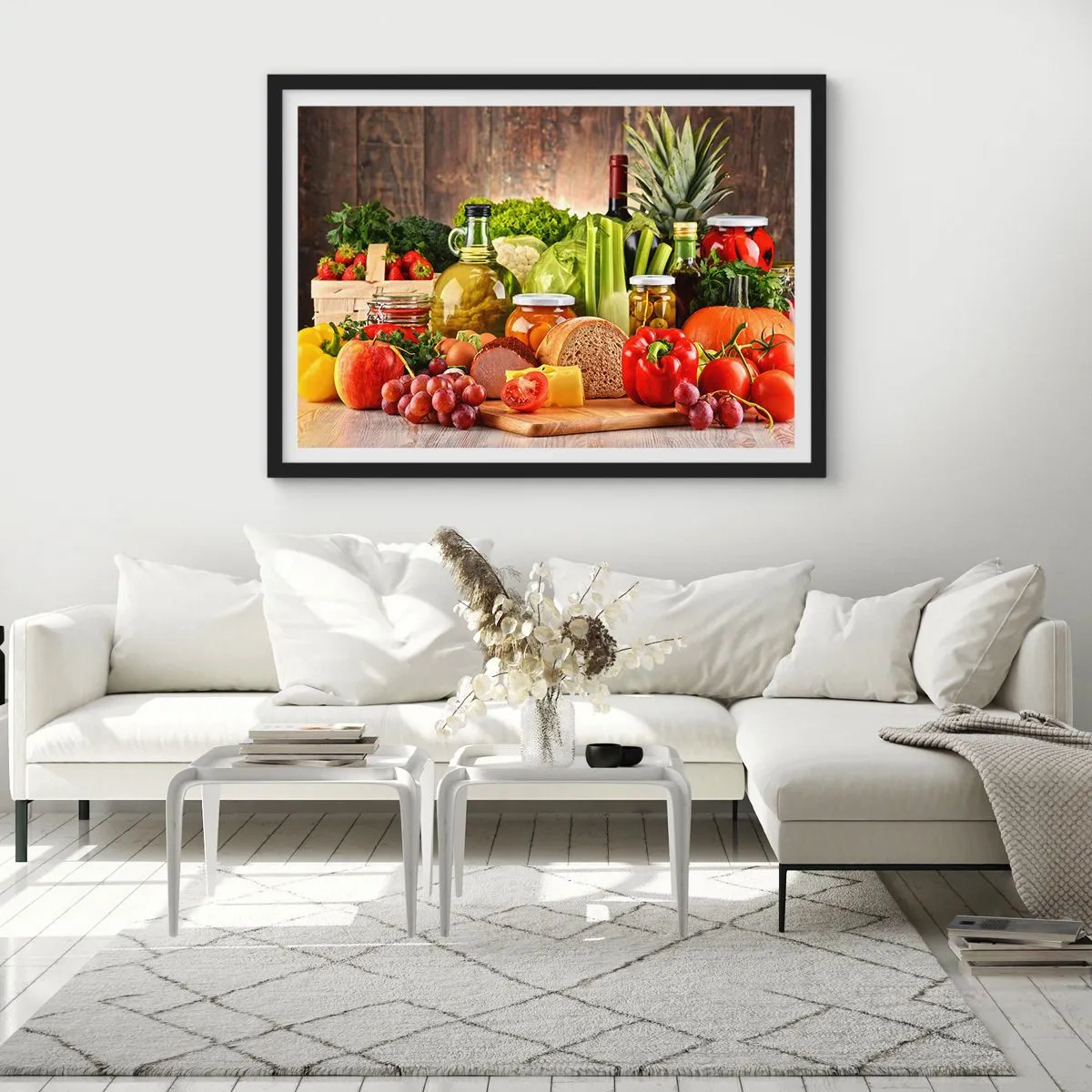 Plakat w czarnej ramie - Kolorowe owoce, warzywa i produkty spożywcze - 70x50cm - Wędzone, pieczone, marynowane - Nowoczesna dekoracja ścienna do salonu i sypialni ARTTOR