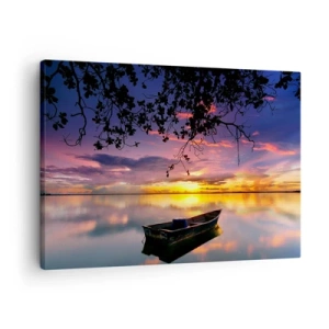 Obraz na płótnie - Łódka na spokojnej wodzie o zachodzie słońca - 70x50cm - "Zdajesz się wisieć w środku niebokręga…" - Nowoczesna dekoracja ścienna do salonu i sypialni ARTTOR