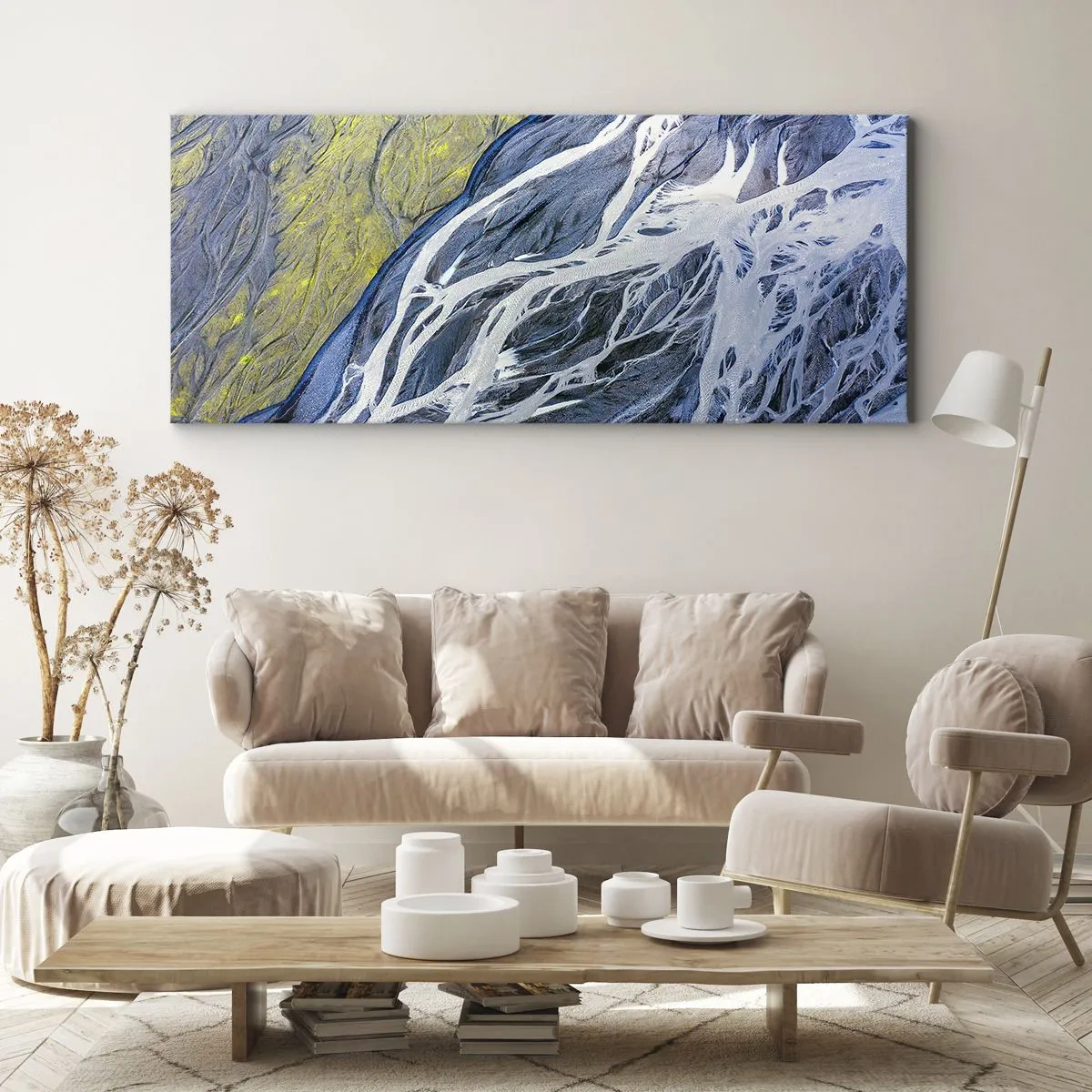 Obraz na płótnie - Abstrakcyjny widok na meandrujące koryta rzek z lotu ptaka - 120x50cm - Naskalne malowidła natury - Nowoczesna dekoracja ścienna do salonu i sypialni ARTTOR