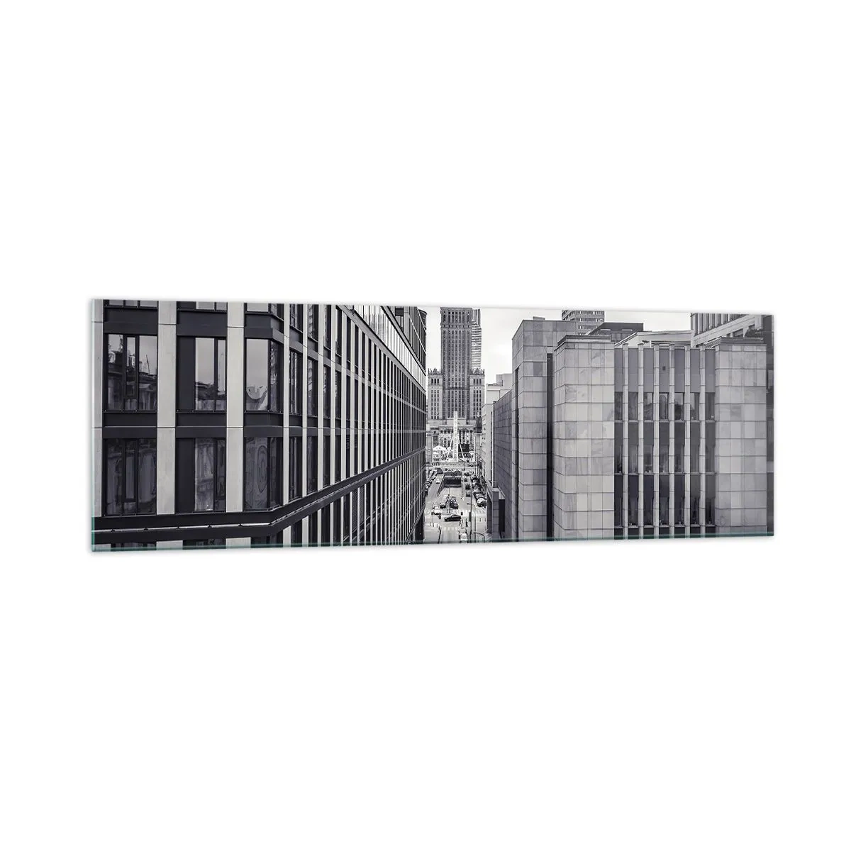 Obraz na szkle - Panorama Warszawy z widokiem na Pałac Kultury i otaczające budynki - 160x50cm - Warszawska dolina - Nowoczesna dekoracja ścienna do salonu i sypialni ARTTOR