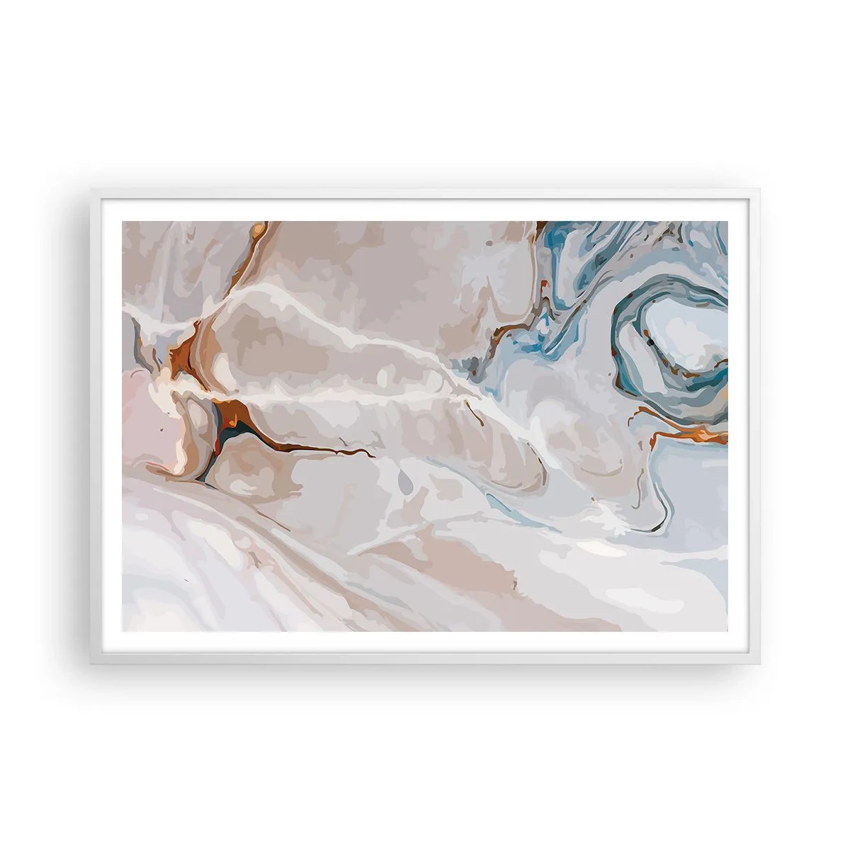 Plakat w białej ramie - Błękitne meandry pod bielą - 100x70 cm