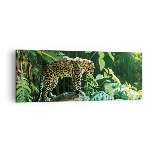 Obraz na płótnie - Lampart stojący na skale otoczony tropikalną roślinnością - 140x50cm - Na łowy? - Nowoczesna dekoracja ścienna do salonu i sypialni ARTTOR
