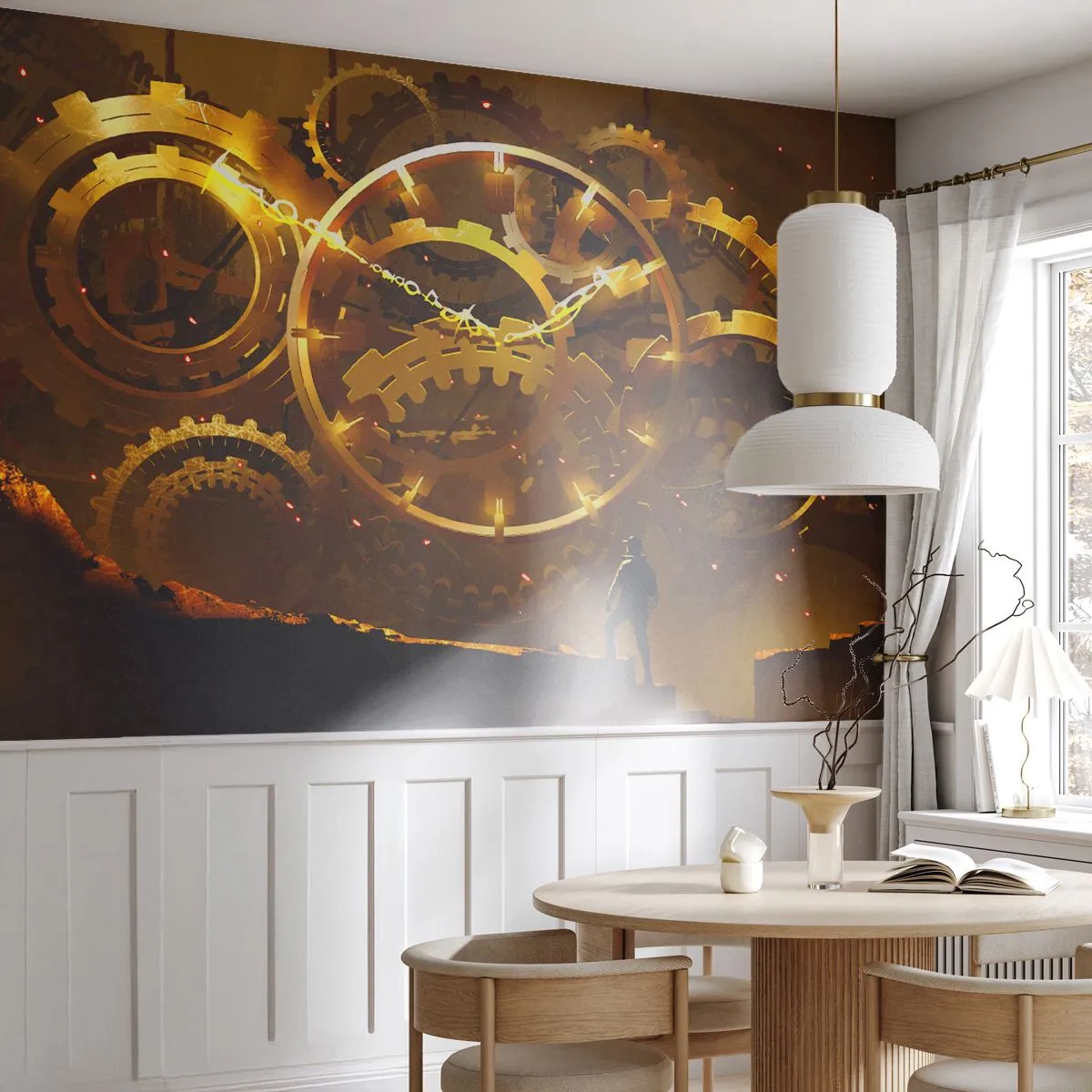 Fototapeta Premium Sand - Złote mechanizmy zegarowe z postacią w tle w klimacie steampunk - 100x70cm - U źródeł czasu - Nowoczesna dekoracja ścienna do salonu, kuchni i sypialni ARTTOR