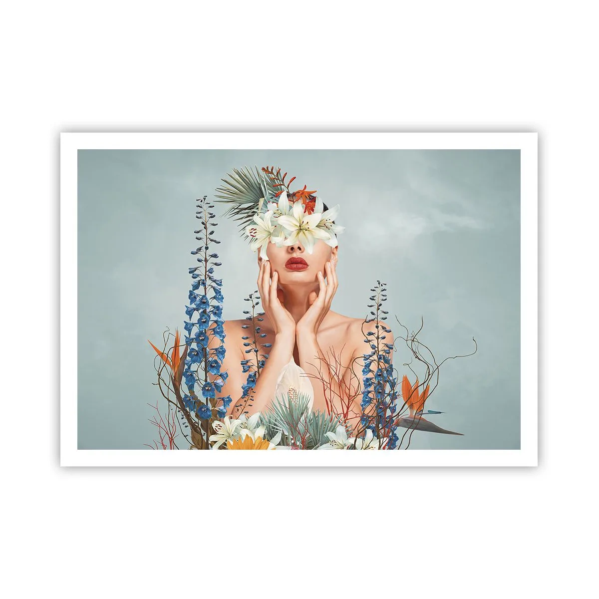Plakat - Portret kobiety z kwiatowym motywem na tle błękitu - 100x70cm - Kobieta – kwiat - Nowoczesna dekoracja ścienna do salonu i sypialni ARTTOR