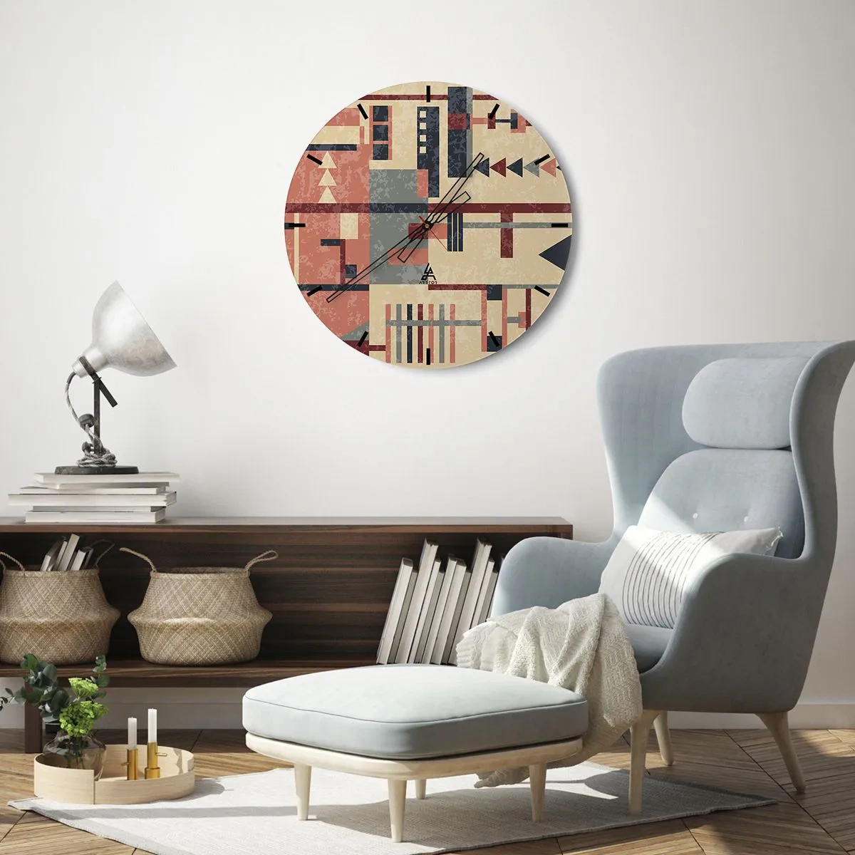 Zegar ścienny - Abstrakcyjny wzór geometryczny w odcieniach beżu, czerwieni i szarości - 30x30cm - Kombinacja pionów i poziomów - Nowoczesna dekoracja ścienna do salonu, kuchni i sypialni ARTTOR