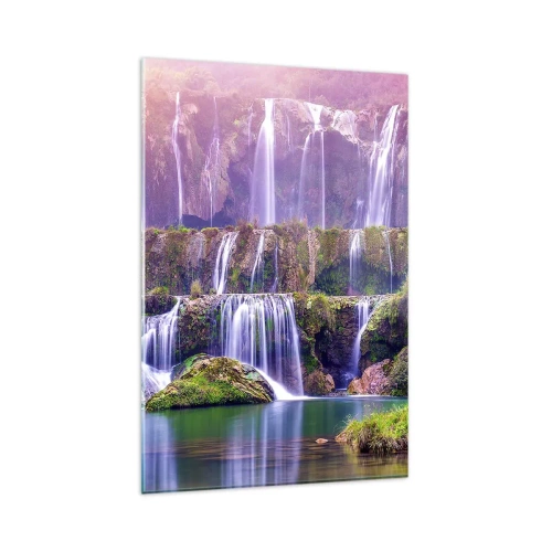 Obraz na szkle - Wodospady otoczone zielenią z pastelowym oświetleniem - 80x120cm - Schody do nieba - Nowoczesna dekoracja ścienna do salonu i sypialni ARTTOR