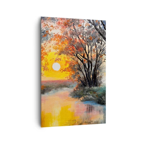 Obraz na płótnie - Zachód słońca nad rzeką w jesiennym krajobrazie - 80x120cm - Jesienne klimaty - Nowoczesna dekoracja ścienna do salonu i sypialni ARTTOR