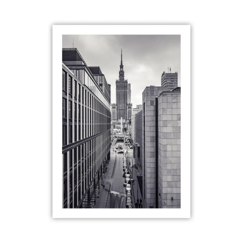 Plakat - Widok Pałacu Kultury i Nauki w Warszawie w szarościach - 50x70cm - Warszawska dolina - Nowoczesna dekoracja ścienna do salonu, kuchni i sypialni ARTTOR