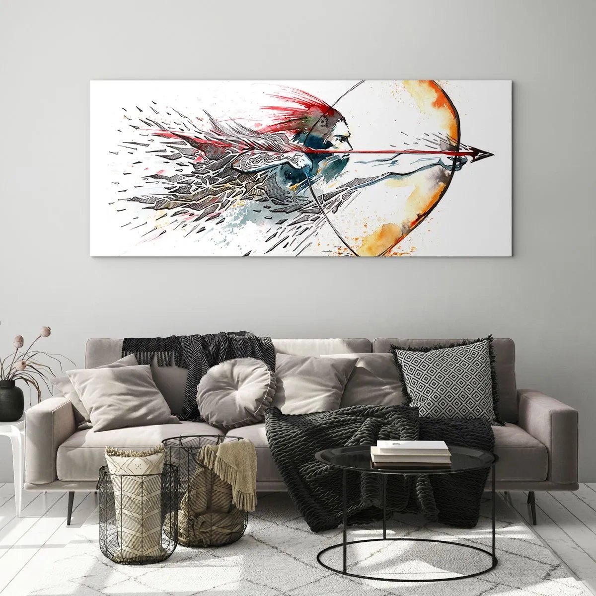 Obraz na szkle - Dynamiczna akwarela wojownika z łukiem i strzałą - 160x50cm - Mityczny wojownik z ognistym łukiem - Nowoczesna dekoracja ścienna do salonu i sypialni ARTTOR