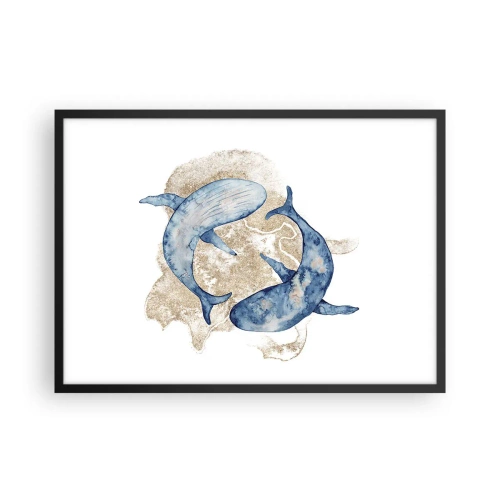 Plakat w czarnej ramie - Abstrakcyjne niebieskie wieloryby na jasnym tle - 70x50cm - Przyjaźń czy kochanie? - Nowoczesna dekoracja ścienna do salonu i sypialni ARTTOR