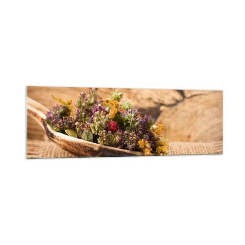 Obraz na szkle - Suszone zioła w drewnianej łyżce na tle naturalnego drewna - 160x50cm - Kwiecie barwiste i zioła pachnące - Nowoczesna dekoracja ścienna do salonu i sypialni ARTTOR