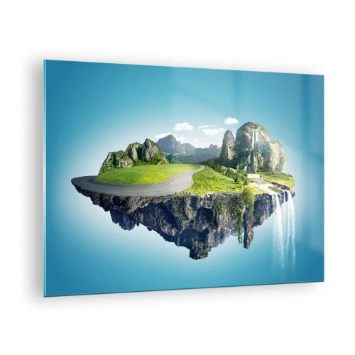 Obraz na szkle - Latająca wyspa z górami, wodospadem i zielenią - 70x50cm - Fantastyczna wyspa - Nowoczesna dekoracja ścienna do salonu i sypialni ARTTOR