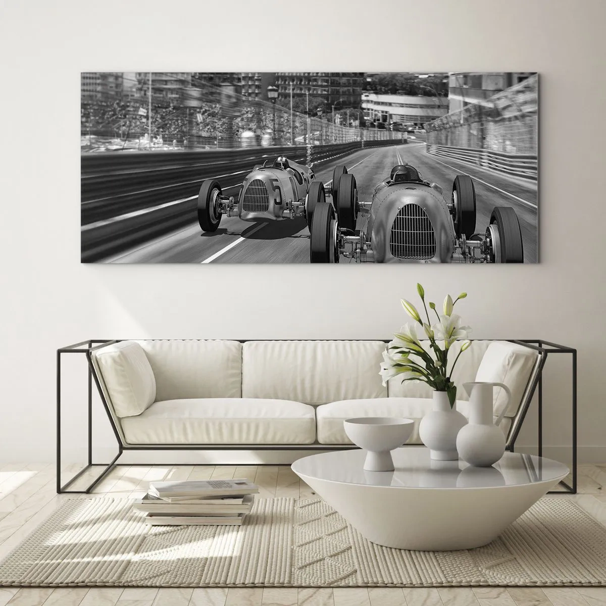 Obraz na szkle - Monochromatyczna scena wyścigu retro samochodów - 120x50cm - Dawno temu w Monte Carlo - Nowoczesna dekoracja ścienna do salonu i sypialni ARTTOR