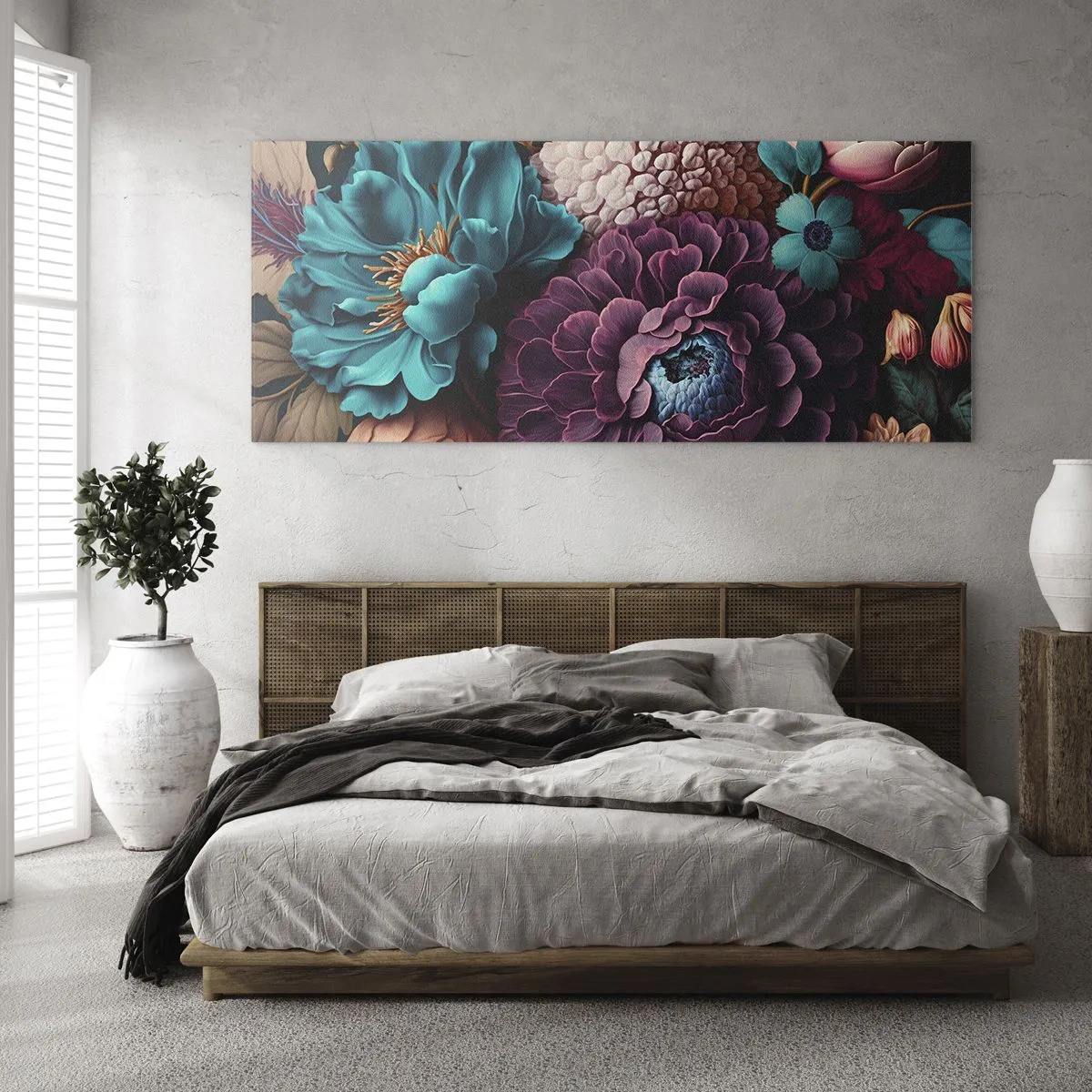 Obraz na szkle - Bukiet kwiatów w intensywnych kolorach na ciemnym tle - 140x50cm - Natura na bogato - Nowoczesna dekoracja ścienna do salonu i sypialni ARTTOR