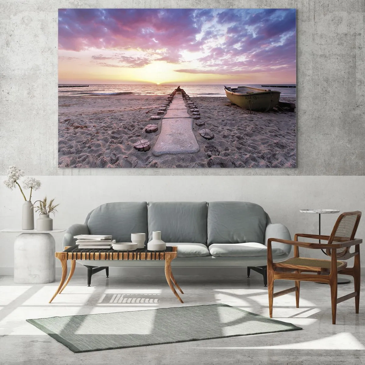 Obraz na szkle - Plaża o zachodzie słońca z łodzią i pomostem - 70x50cm - Chwila głębokiego przeżycia - Nowoczesna dekoracja ścienna do salonu i sypialni ARTTOR