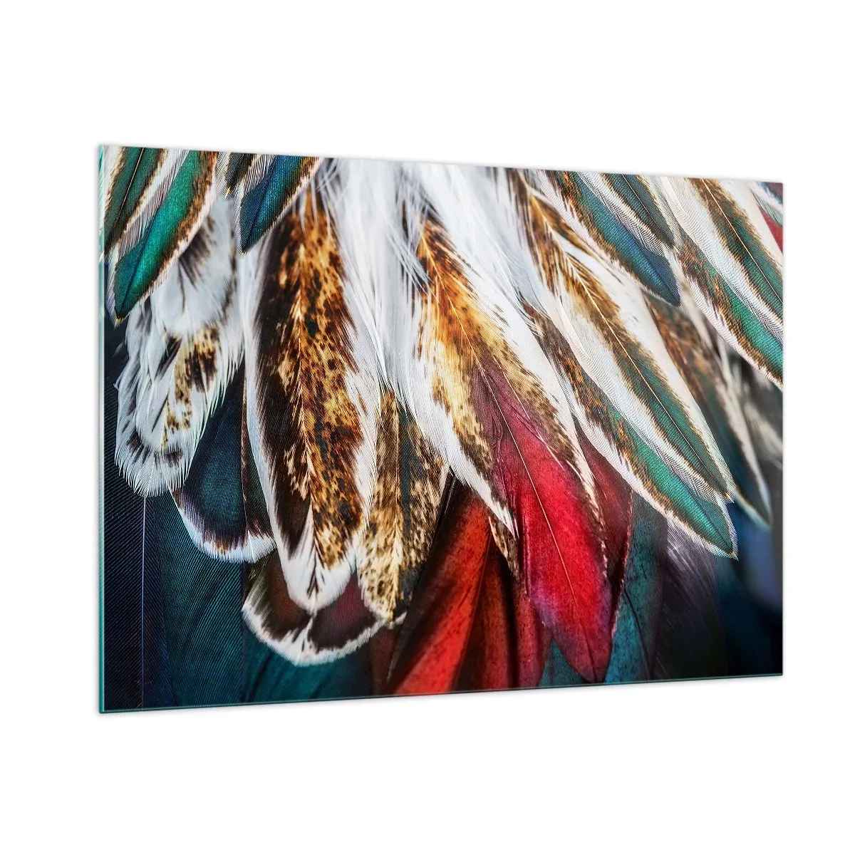 Obraz na szkle - Kolorowe pióra w bogatej palecie barw z wyraźną teksturą - 100x70cm - Tajemnice lotu - Nowoczesna dekoracja ścienna do salonu, kuchni i sypialni ARTTOR