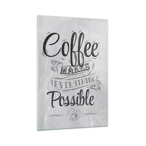 Obraz na szkle - Czarno-biały napis 'Coffee makes everything possible' w stylu vintage - 70x100cm - Jak tu nie kochać kawy - Nowoczesna dekoracja ścienna do salonu i sypialni ARTTOR