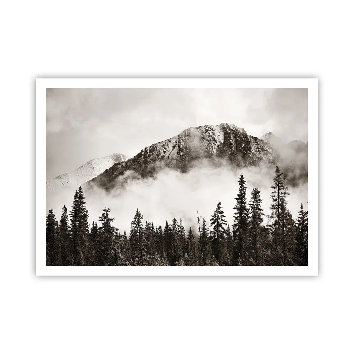 Plakat - Malowniczy szczyt górski otoczony mgłą i lasem w odcieniach sepia - 100x70cm - Granitowy władca - Nowoczesna dekoracja ścienna do salonu i sypialni ARTTOR