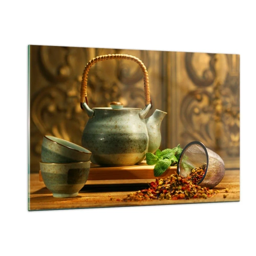Obraz na szkle - Zestaw ceramiczny do herbaty z ziołami w tle klasycznej dekoracji - 120x80cm - Traktat o piciu herbaty - Nowoczesna dekoracja ścienna do salonu, kuchni i sypialni ARTTOR